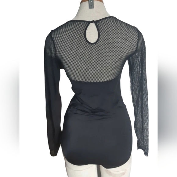 SECRET POSSESSIONS black bodysuit MESH top snap crotch mild stretch ACADEMIA  M - Picture 2 of 2